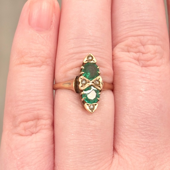 Antique Edwardian 10K Green Ring, Size 5.5, Rose Gold, Navette - Picture 6 of 17